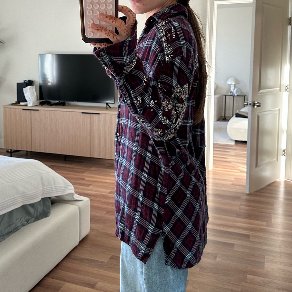 Free People Silver Sequin Plaid Button-Up Shirt - Picture 2 of 11
